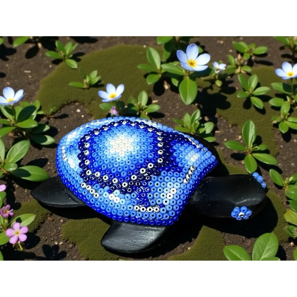 Huichol Obsidian Turtle‎ Beaded Figurine Multicolor Handmade Mexican Folk Art